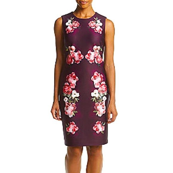 Burgundy Floral Calvin Klein Printed Sheath Dress Size 10 - Picture 1 of 2